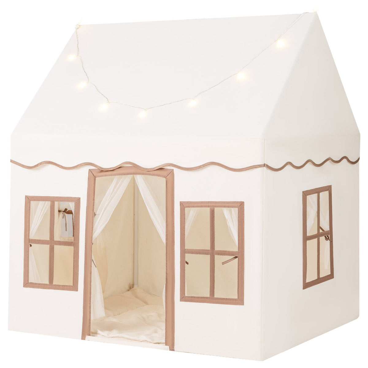 Kids Play Tent with Star Lights and Non-slip Mat, a white house-shaped tent with brown trim and fairy lights