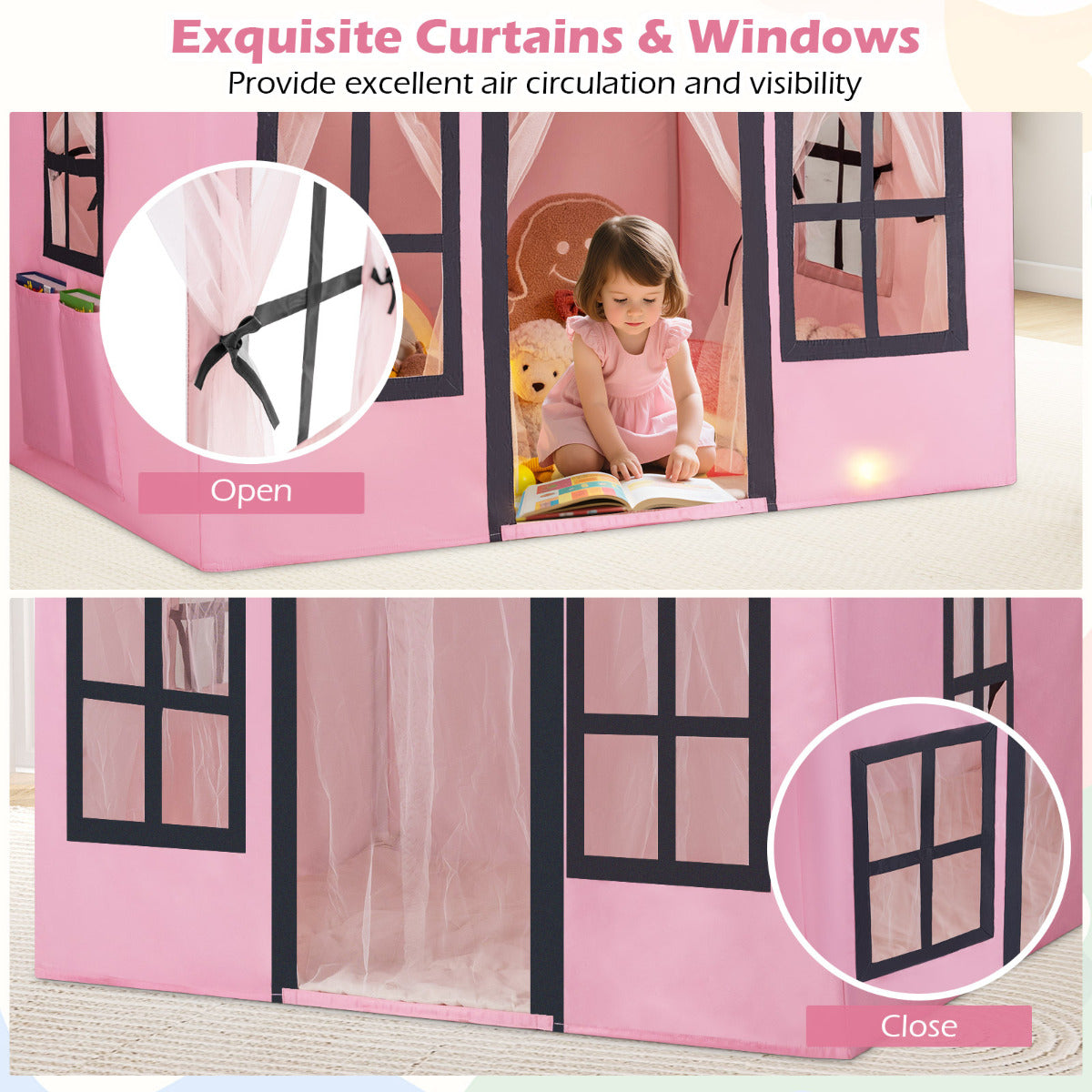 The play tent with insets showing the mesh curtains tied open and the windows closed
