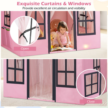 The play tent with insets showing the mesh curtains tied open and the windows closed