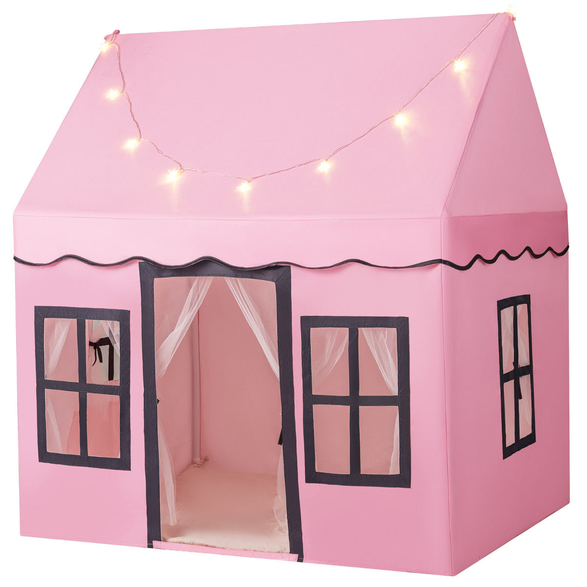 Kids Play Tent with Star Lights and Non-slip Mat in pink with a string of glowing star lights