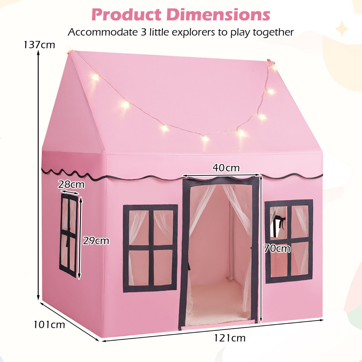 The play tent showing height and width dimensions with arrows indicating the measurements