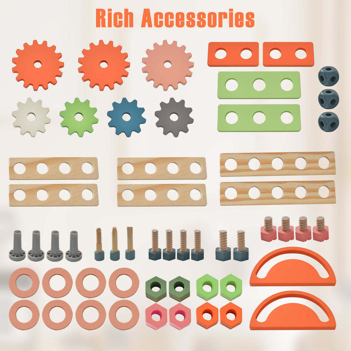 A collection of colourful wooden accessories for the pretend toy workbench including gears and bolts