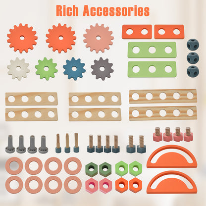 A collection of colourful wooden accessories for the pretend toy workbench including gears and bolts