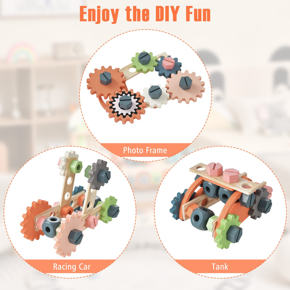 Three examples of creations made with the pretend toy workbench accessories: a photo frame, racing car and tank