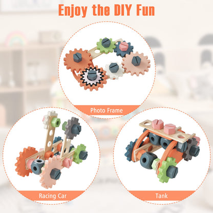 Three examples of creations made with the pretend toy workbench accessories: a photo frame, racing car and tank