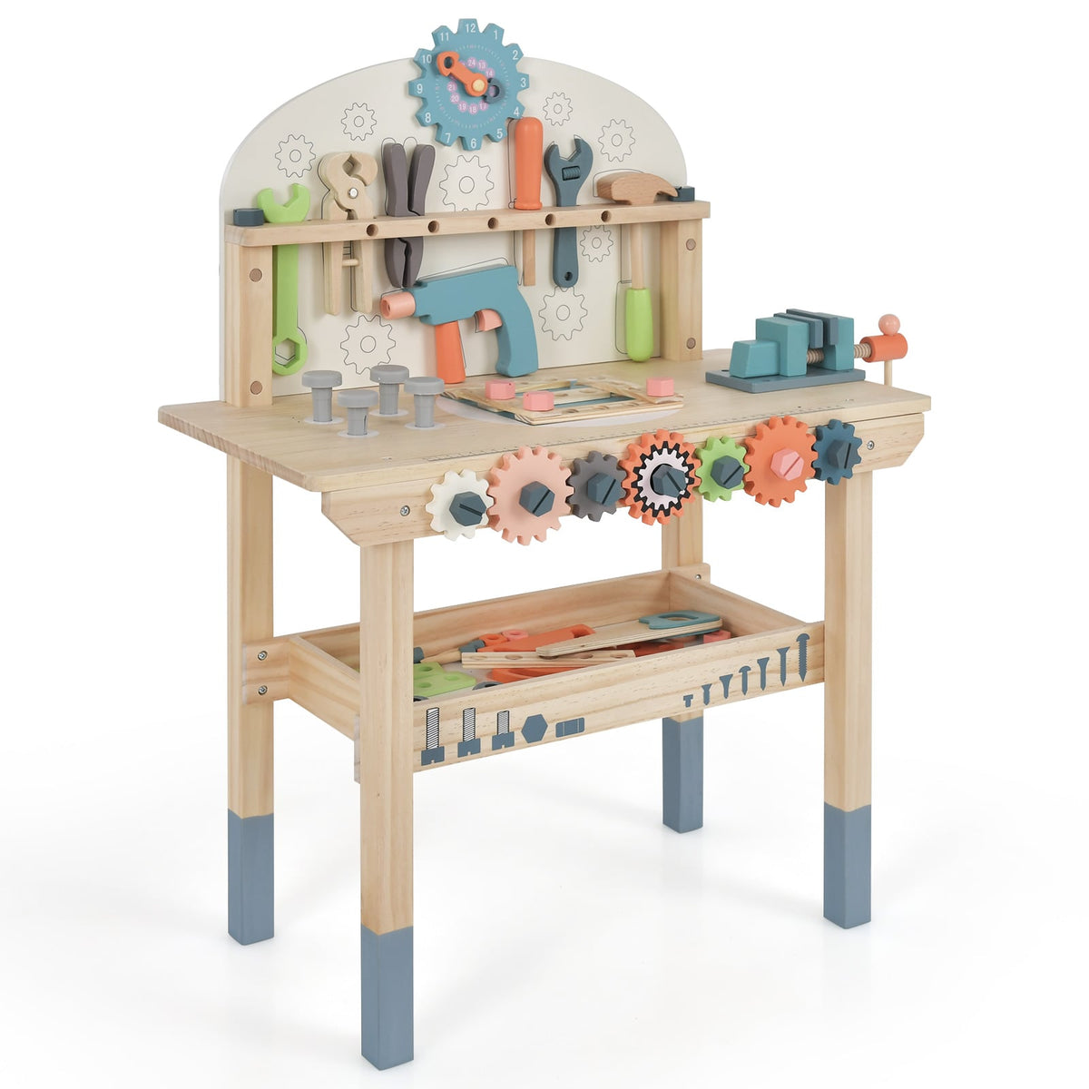 Kids Play Tool Workbench with a large set of wooden tools and accessories displayed on the workbench
