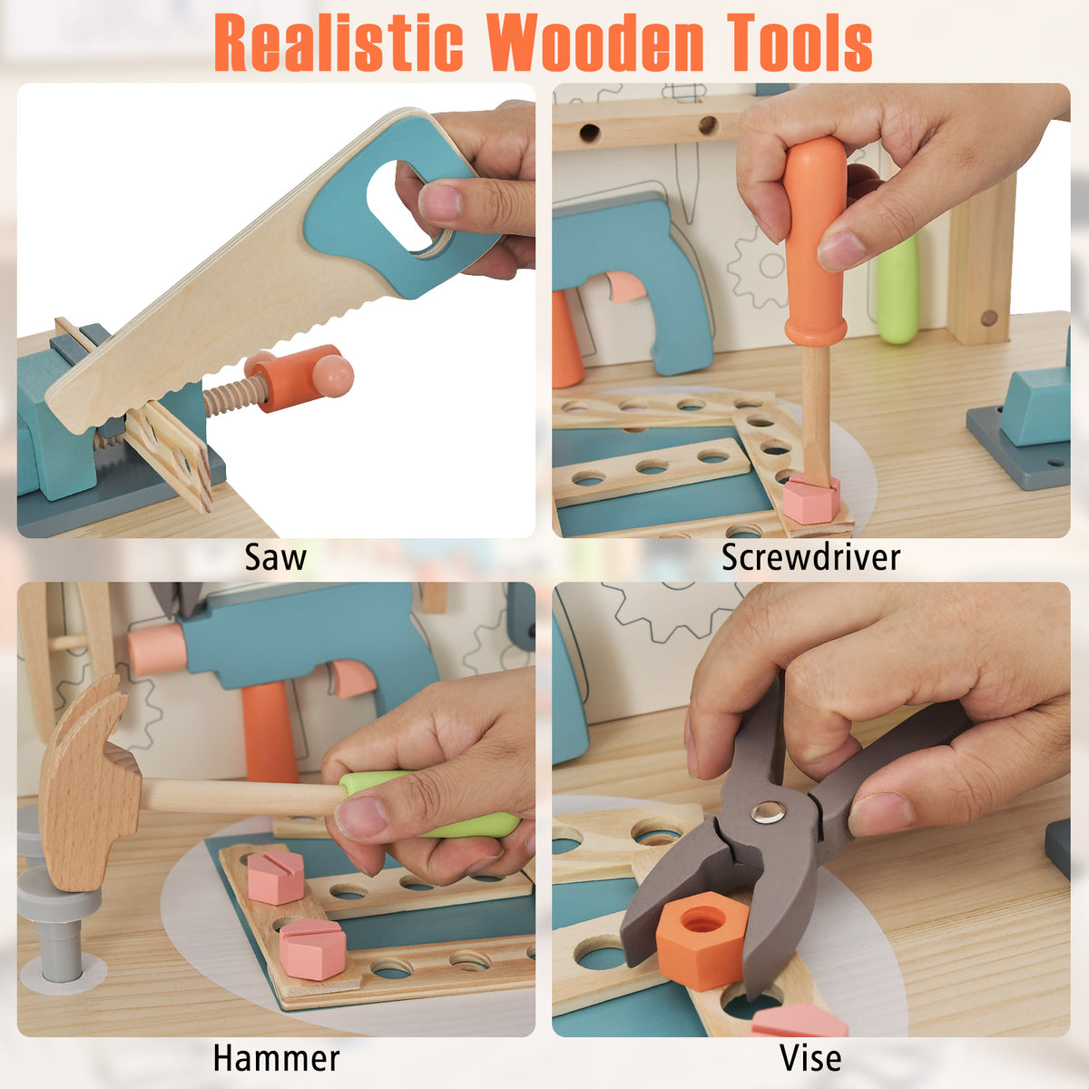 Close up views of the realistic wooden tools including a saw, screwdriver, hammer and vice