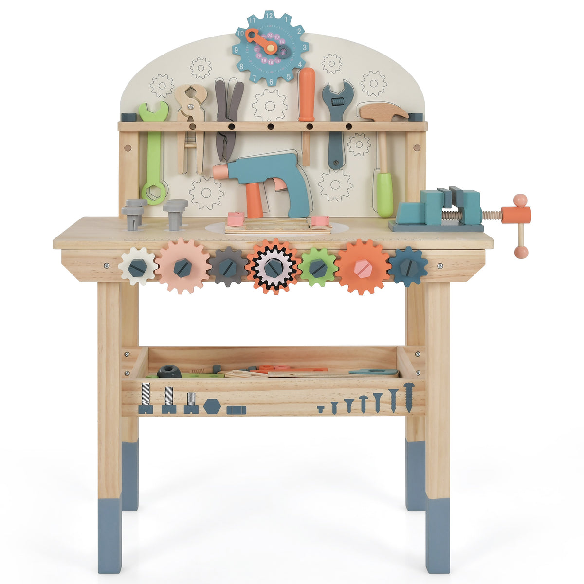 The kids play tool workbench with a large set of tools and accessories displayed on the unit