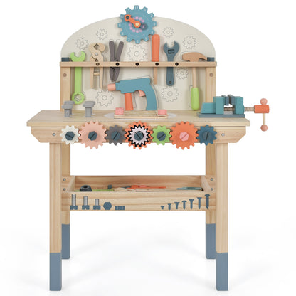 The kids play tool workbench with a large set of tools and accessories displayed on the unit