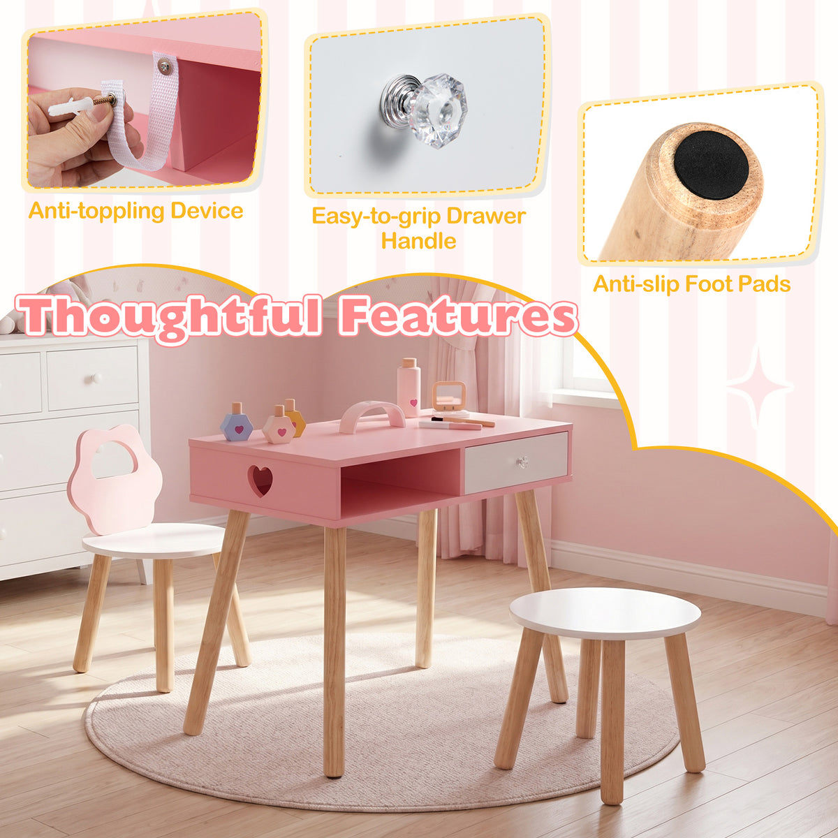 The kids table and chair set with close-up insets of the safety features and drawer handle