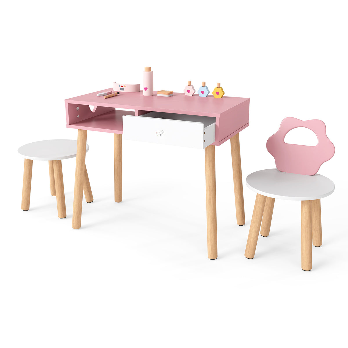Kids Pretend Nail Salon Playset with a pink table, white drawer, flower chair and round stool