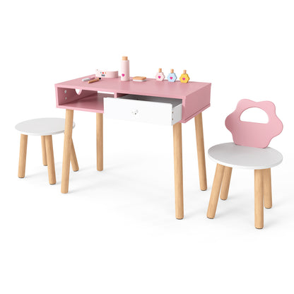 Kids Pretend Nail Salon Playset with a pink table, white drawer, flower chair and round stool