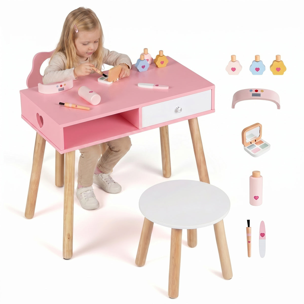 The kids table and chair set shown with a girl playing and separate wooden beauty items