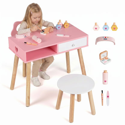 The kids table and chair set shown with a girl playing and separate wooden beauty items
