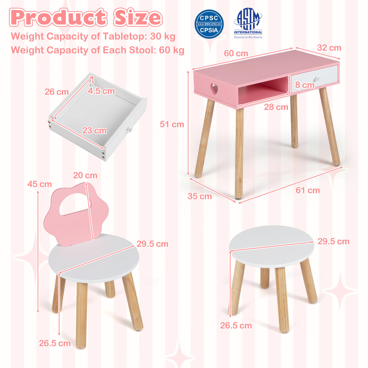 The kids table and chair set with labels showing dimensions for the furniture pieces
