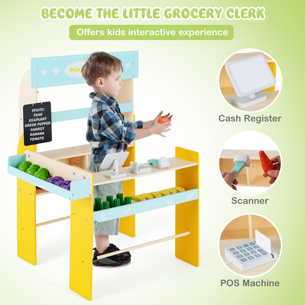 The blue and yellow pretend play grocery store with its accessories, including a cash register and scanner