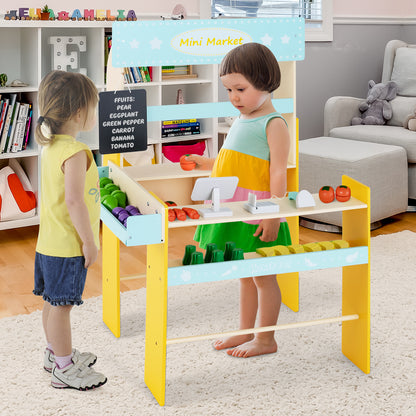 Two children playing at the blue and yellow pretend play grocery store, one serving the other