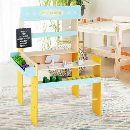 A close-up of the blue and yellow pretend play grocery store, showing the shelves stocked with toy food