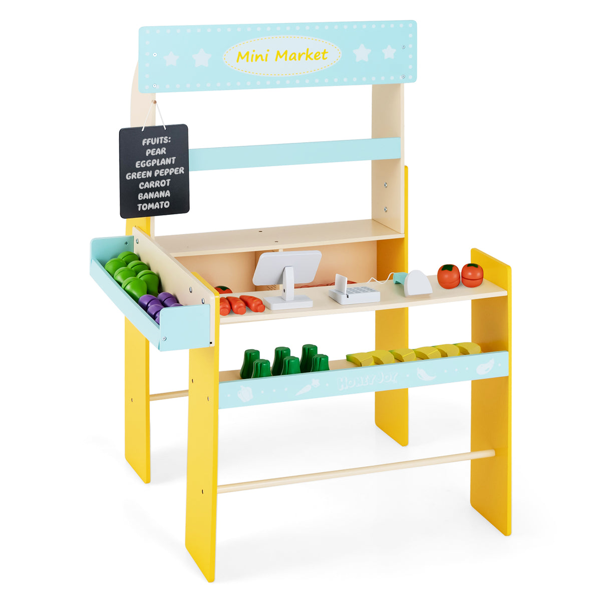 Kid's Pretend Play Grocery Store, a blue and yellow wooden market stall with shelves and a chalkboard sign