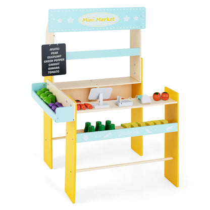 Kid's Pretend Play Grocery Store, a blue and yellow wooden market stall with shelves and a chalkboard sign
