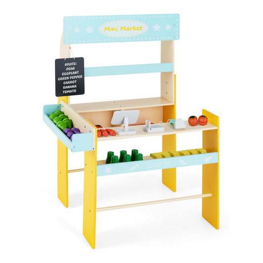 Kid's Pretend Play Grocery Store, a blue and yellow wooden market stall with shelves and a chalkboard sign