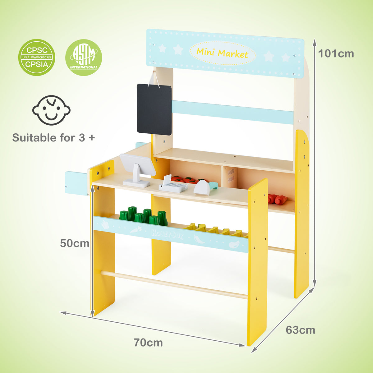 Dimensions of the blue and yellow pretend play grocery store, showing height and width measurements