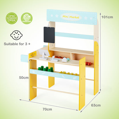 Dimensions of the blue and yellow pretend play grocery store, showing height and width measurements