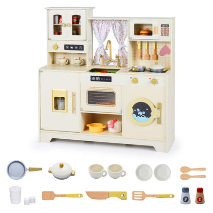 All the accessories included with the toy kitchen playset laid out