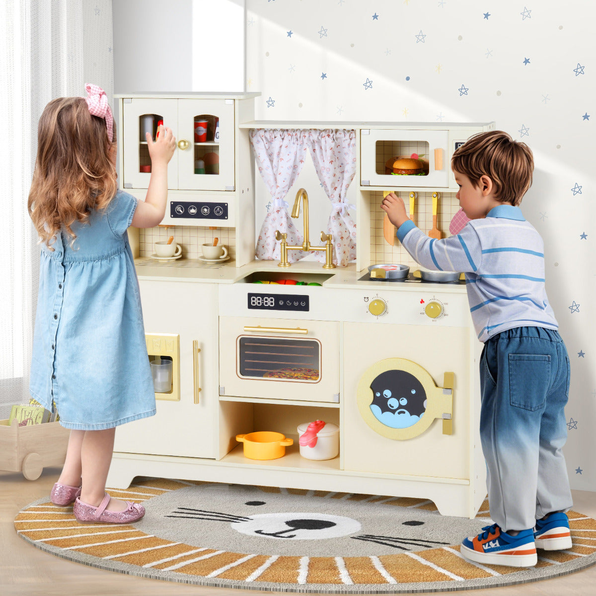 Children playing with the toy kitchen playset in a room with a lion rug