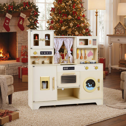 Toy kitchen playset in a festive room with a Christmas tree and fireplace