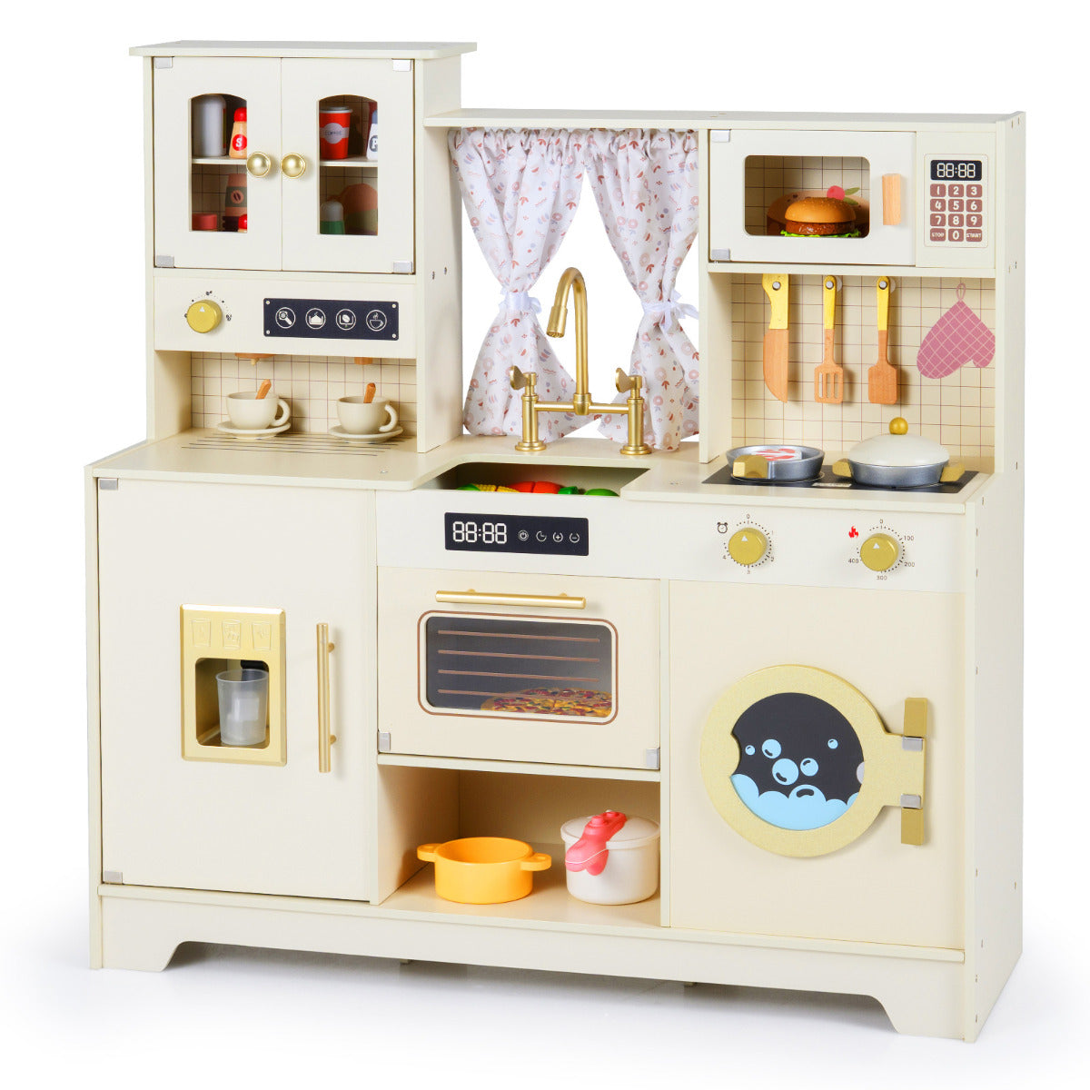 Kids Pretend Toy Kitchen Playset with Stoves Faucet beige front view with microwave oven and washing machine