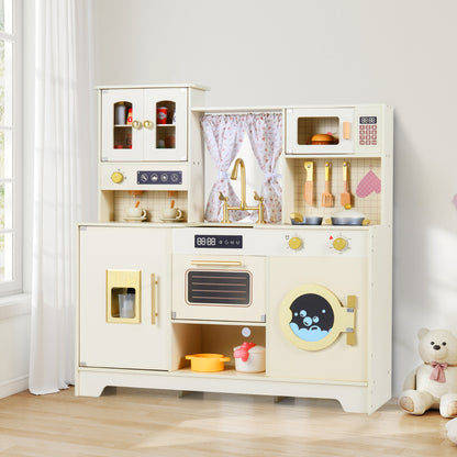 Beige toy kitchen playset with a teddy bear in a room