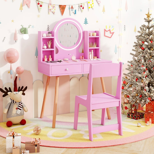 The pink kids vanity desk set with chair in a festive room with Christmas decorations