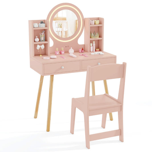 Kids Princess Vanity Desk Set with lighted mirror and chair, shown in light pink