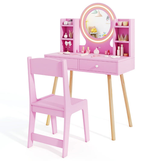 Kids Princess Vanity Desk Set with lighted mirror and matching chair, front view