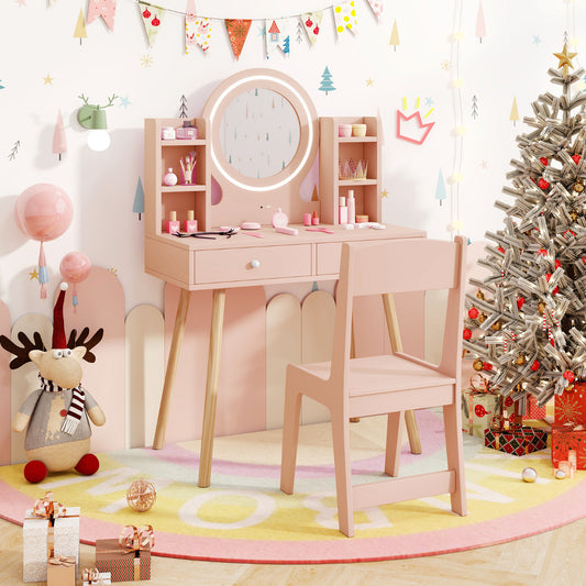 Light pink vanity desk and chair in a festive room with Christmas tree and decorations