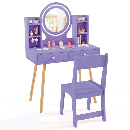 Kids Princess Vanity Desk Set with a round mirror and matching chair on a white background