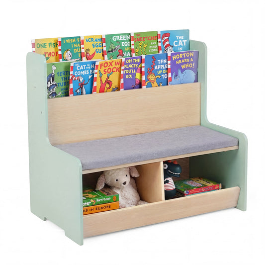 Kids Reading Nook with a grey seat cushion, book display shelves and two storage cubbies underneath