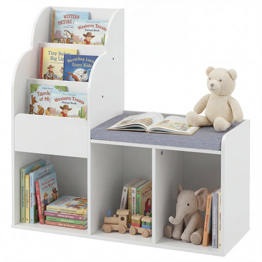Kids Reading Nook with bench and storage cubbies, showing books and toys