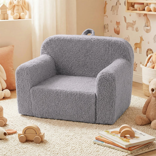 Grey kids reading sofa with soft fleece fabric cover in a nursery room setting