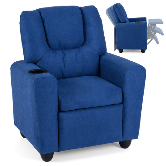 Kids Recliner in blue fabric with a cup holder on the arm and a small footrest extended