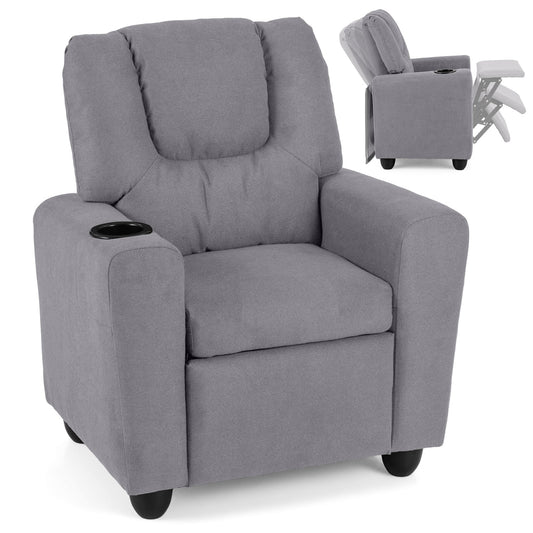 Kids Recliner with Cup Holder PU Leather Kids Reclining Chair-Grey, a grey recliner chair for children with a cup holder