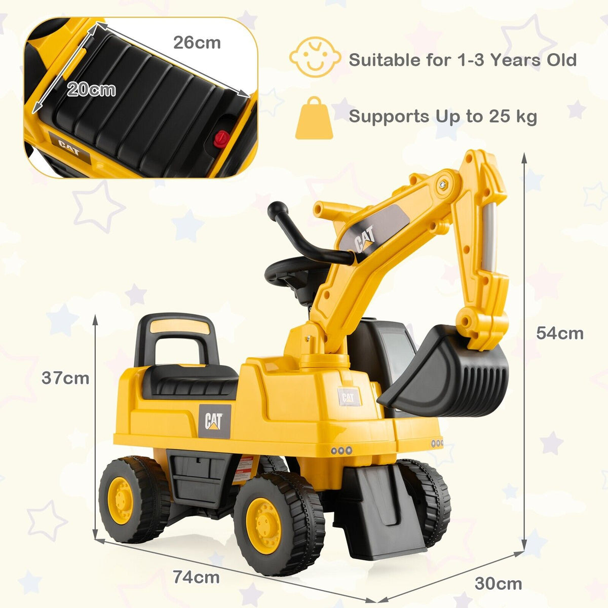 the yellow ride on digger with arrows indicating its overall height length and width