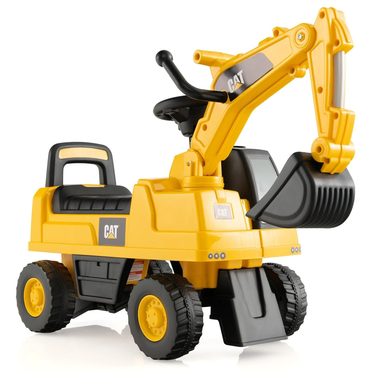 Kid's Rid-On Digger with Rotatable Digging Bucket in bright yellow and black on a white background