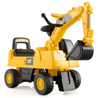 Kid's Rid-On Digger with Rotatable Digging Bucket in bright yellow and black on a white background