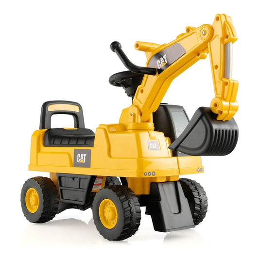 Kid's Rid-On Digger with Rotatable Digging Bucket in bright yellow and black on a white background