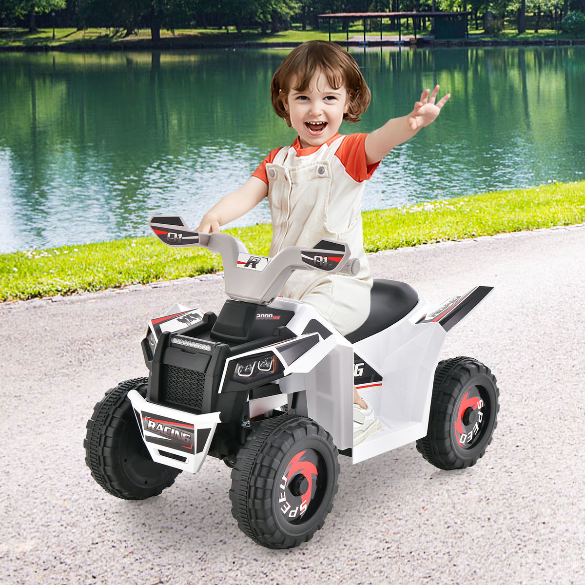 Kids Ride on ATV with Direction Control Large Seat in White