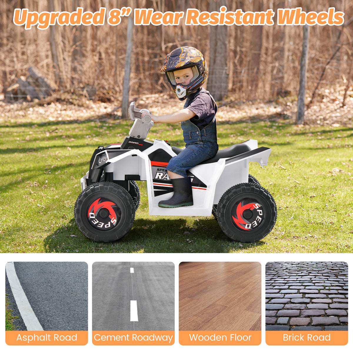 Kids Ride on ATV with Direction Control Large Seat in White