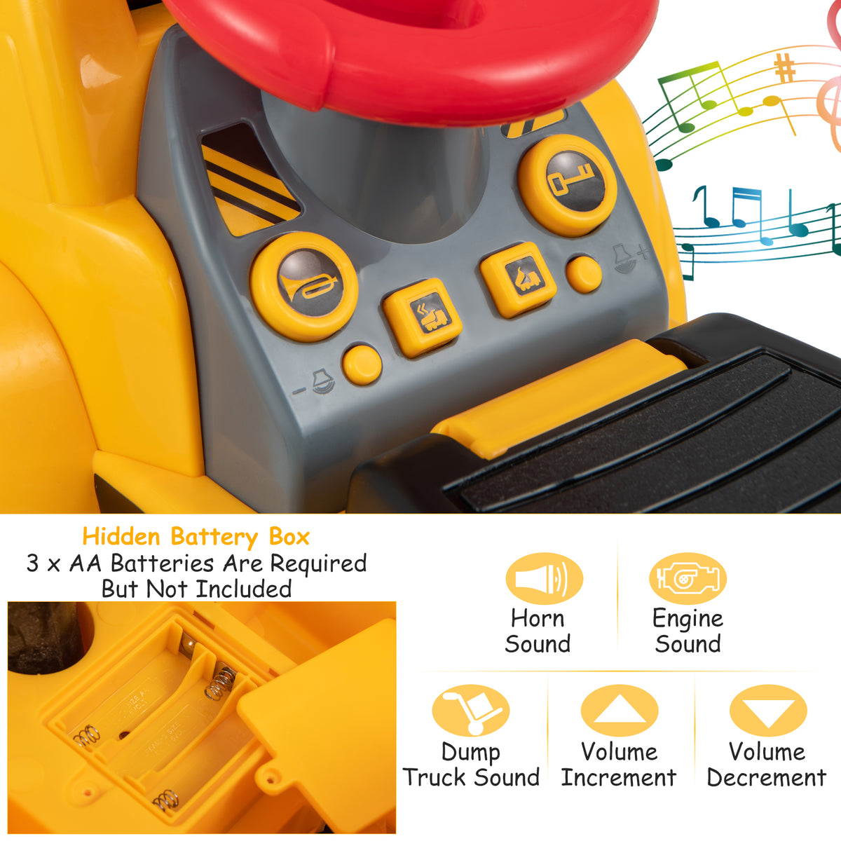 The ride on toy dashboard showing buttons for sound and the battery compartment
