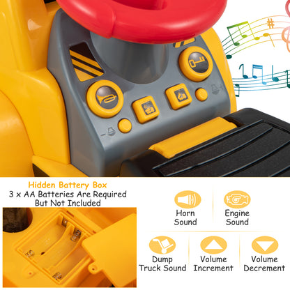 The ride on toy dashboard showing buttons for sound and the battery compartment